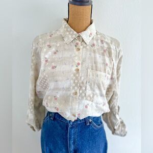 90s Paradise Bay Multi Floral Beige & White Button Down Womens Top